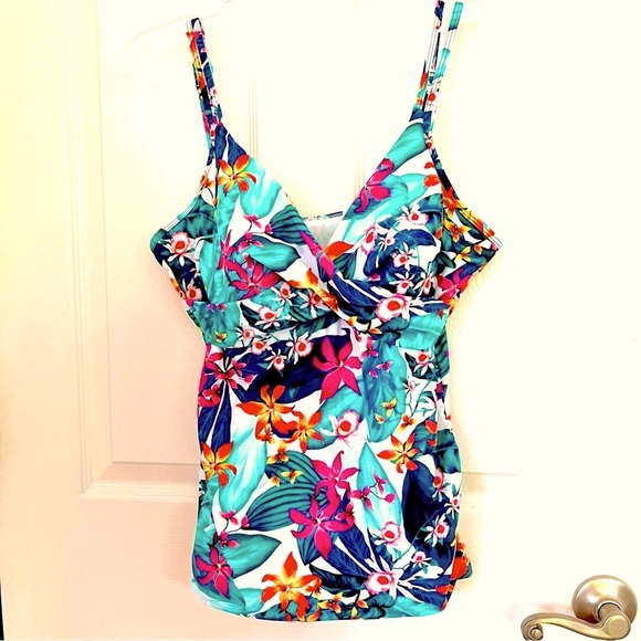 Tankini Halter Swim Tropical Floral Bathing Suit Top Teal Pink Yellow Size M - Picture 4 of 15